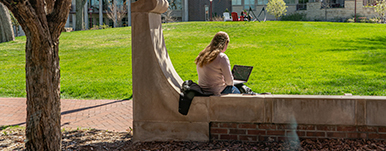 one student studying alone outside on campus grounds on a sunny day