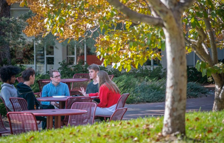 students and teachers in conversation at an outdoor table. 